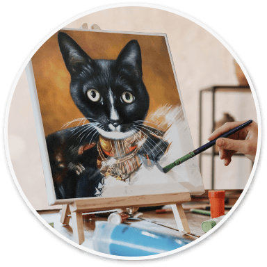 An artist hand-painting the royal pet portrait on an easel